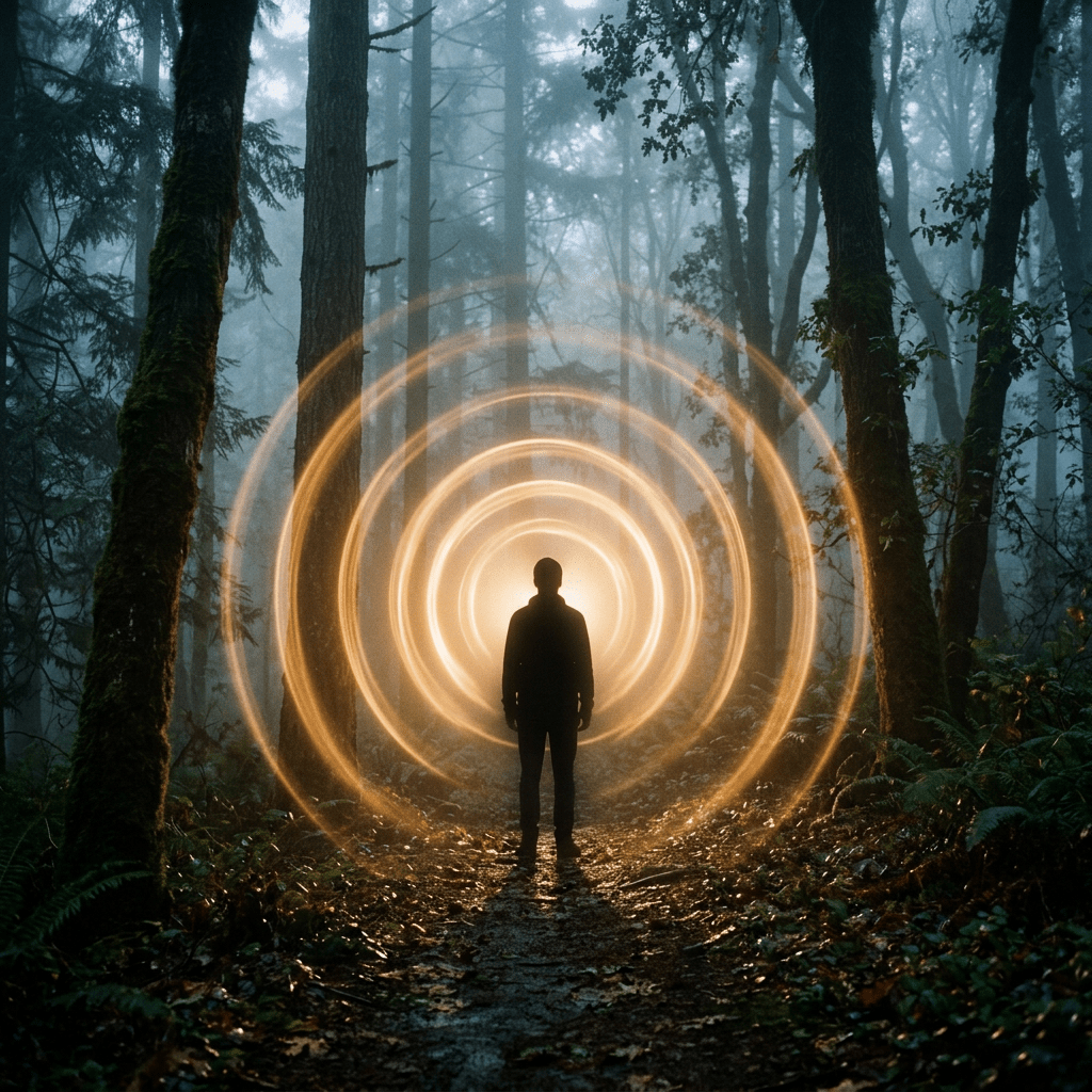 Silhouette of a person facing glowing concentric light rings in a misty forest
